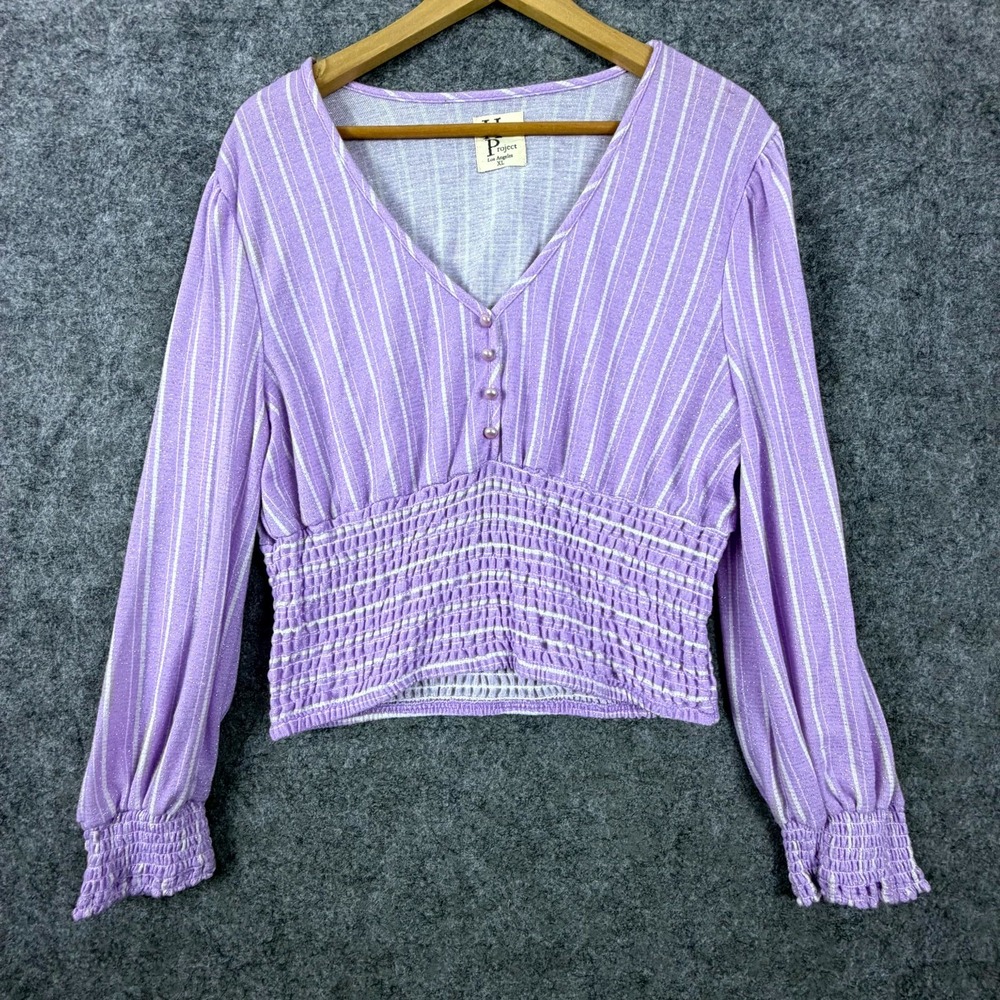 Haute Project Los Angeles Top Womens XL Purple Striped Stretch V-Neck Smocked